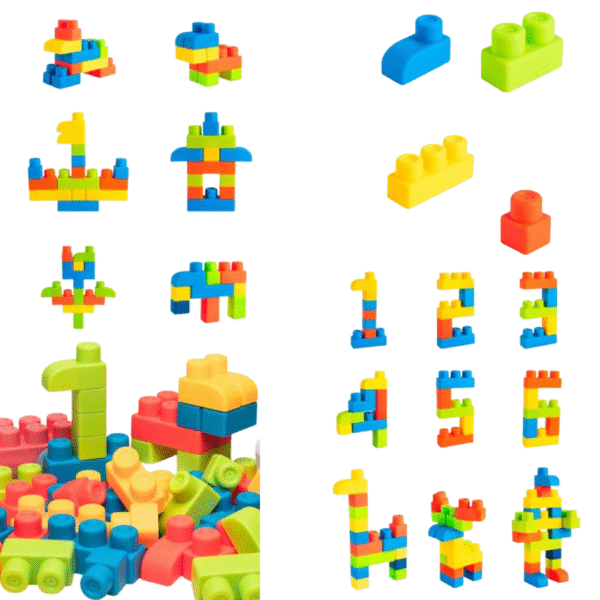 Blocs de construction souples en silicone de couleurs pastel, adaptés aux bébés selon la méthode Montessori, favorisant la motricité et l’exploration sensorielle.
