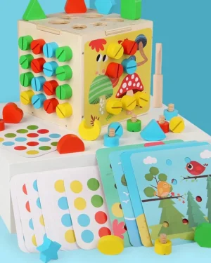 Cube Montessori en bois naturel – éveil motricité fine et logique dès 3 ans