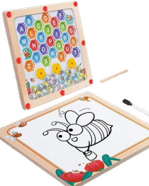 Tableau éducatif Montessori 2-en-1 avec labyrinthe magnétique pour lettres et surface effaçable, incluant 26 lettres colorées, stylo en bois aimanté et feutre.