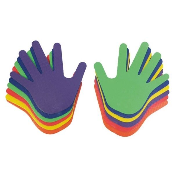 Empreintes de mains antidérapantes colorées pour enfants, outil d’apprentissage de la motricité et du positionnement au sol.