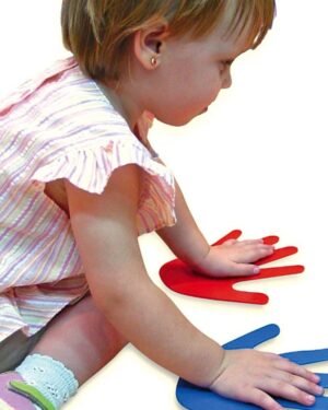 Empreintes de mains antidérapantes colorées pour enfants, outil d’apprentissage de la motricité et du positionnement au sol.