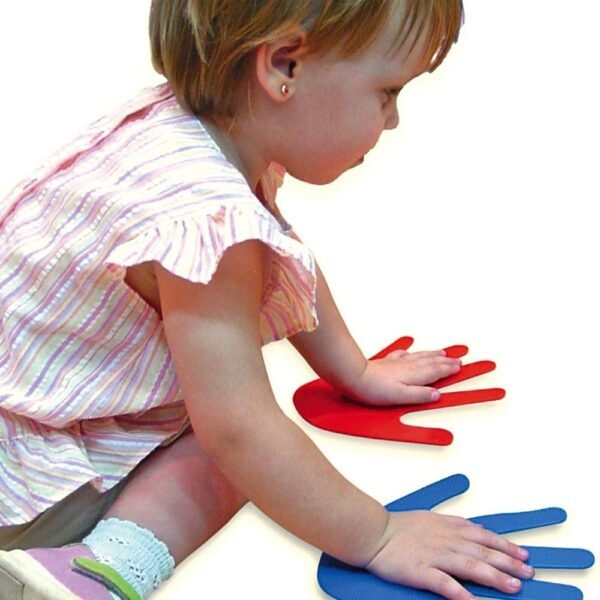 Empreintes de mains antidérapantes colorées pour enfants, outil d’apprentissage de la motricité et du positionnement au sol.
