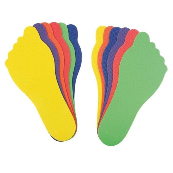 Empreintes de pieds antidérapantes colorées pour enfants, outil d’apprentissage de la motricité et du positionnement au sol.
