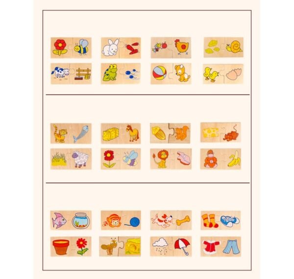 Set de puzzle en bois duo – Ce que mangent les animaux, jeu d’association éducatif pour enfants.