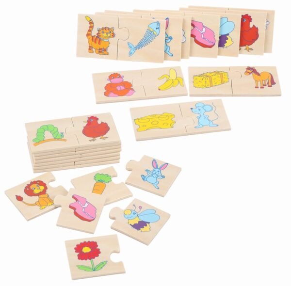 Set de puzzle en bois duo – Ce que mangent les animaux, jeu d’association éducatif pour enfants.