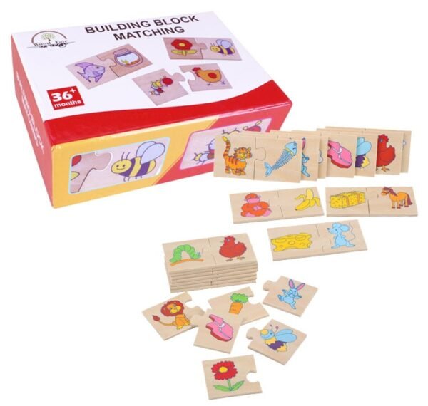 Set de puzzle en bois duo – Ce que mangent les animaux, jeu d’association éducatif pour enfants.