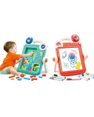 tableau de dessin double face et jeu de briques éducatif 2-en-1 pour enfants, avec musique et cartes de coloriage