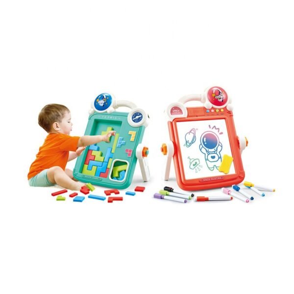 tableau de dessin double face et jeu de briques éducatif 2-en-1 pour enfants, avec musique et cartes de coloriage