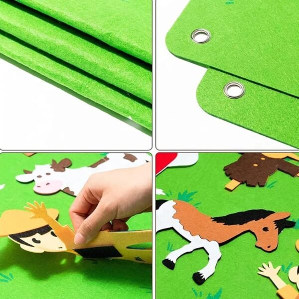 Enfant jouant avec un tapis mural éducatif en feutrine sur le thème du zoo, activité créative et sensorielle