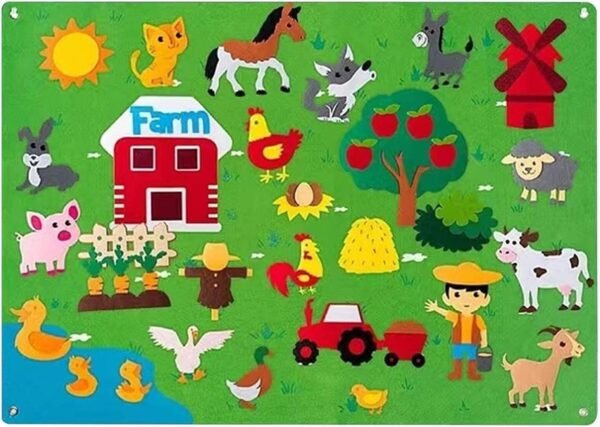 Enfant jouant avec un tapis mural éducatif en feutrine sur le thème du zoo, activité créative et sensorielle