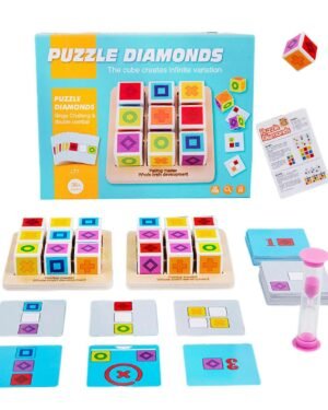 Jeu de construction en bois pour enfants avec blocs colorés et cartes défis.