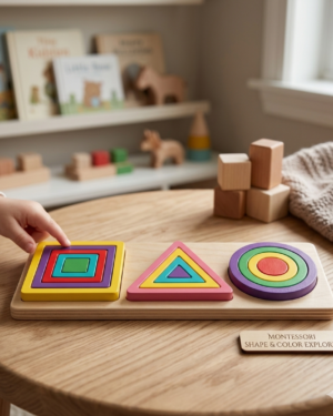 Jeu éducatif à empiler avec formes géométriques en bois : cercle, triangle et carré multicolores
