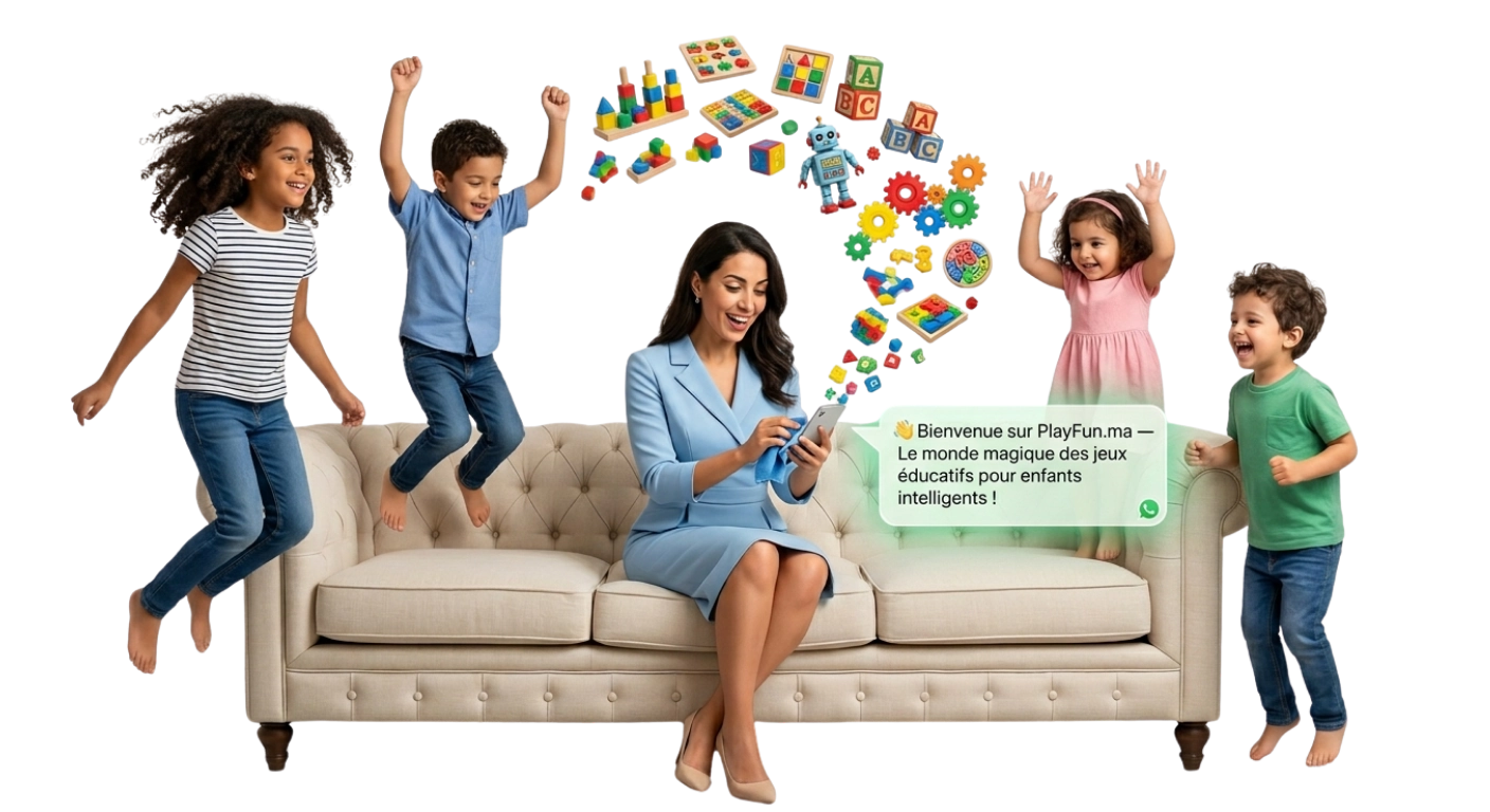 Mère souriante utilisant un smartphone avec enfants joyeux et jouets éducatifs sortant de l’écran dans un univers PlayFun.ma