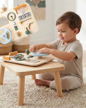 Busy Board Montessori en bois avec volant, levier de vitesse et commandes interactives pour enfants.