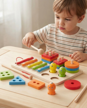 Jeu éducatif en bois 3-en-1 pour trier, compter et reconnaître les formes